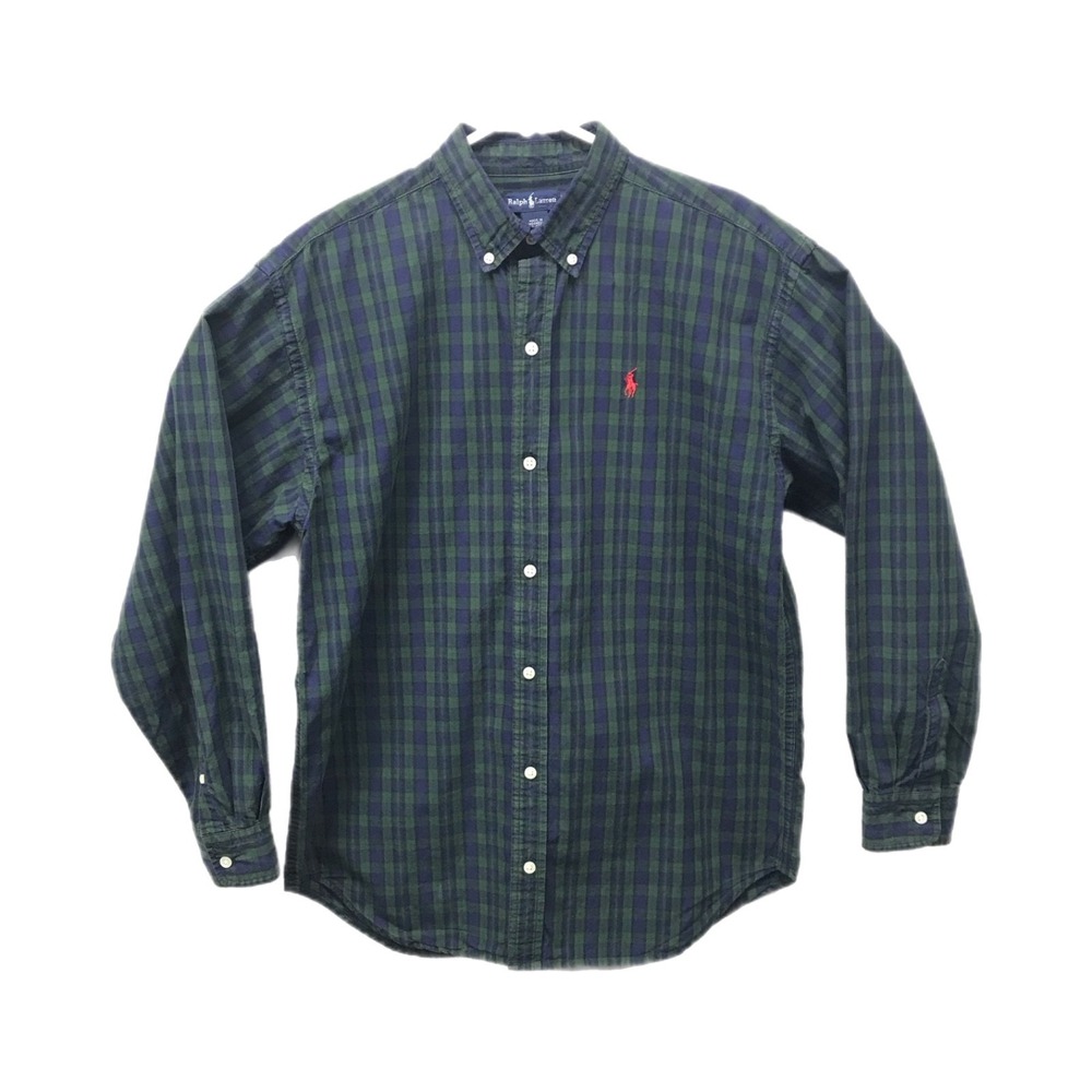 Ralph Lauren Green Blue Plaid Button Down Shirt Mens XL Long Sleeve 100% Cotton